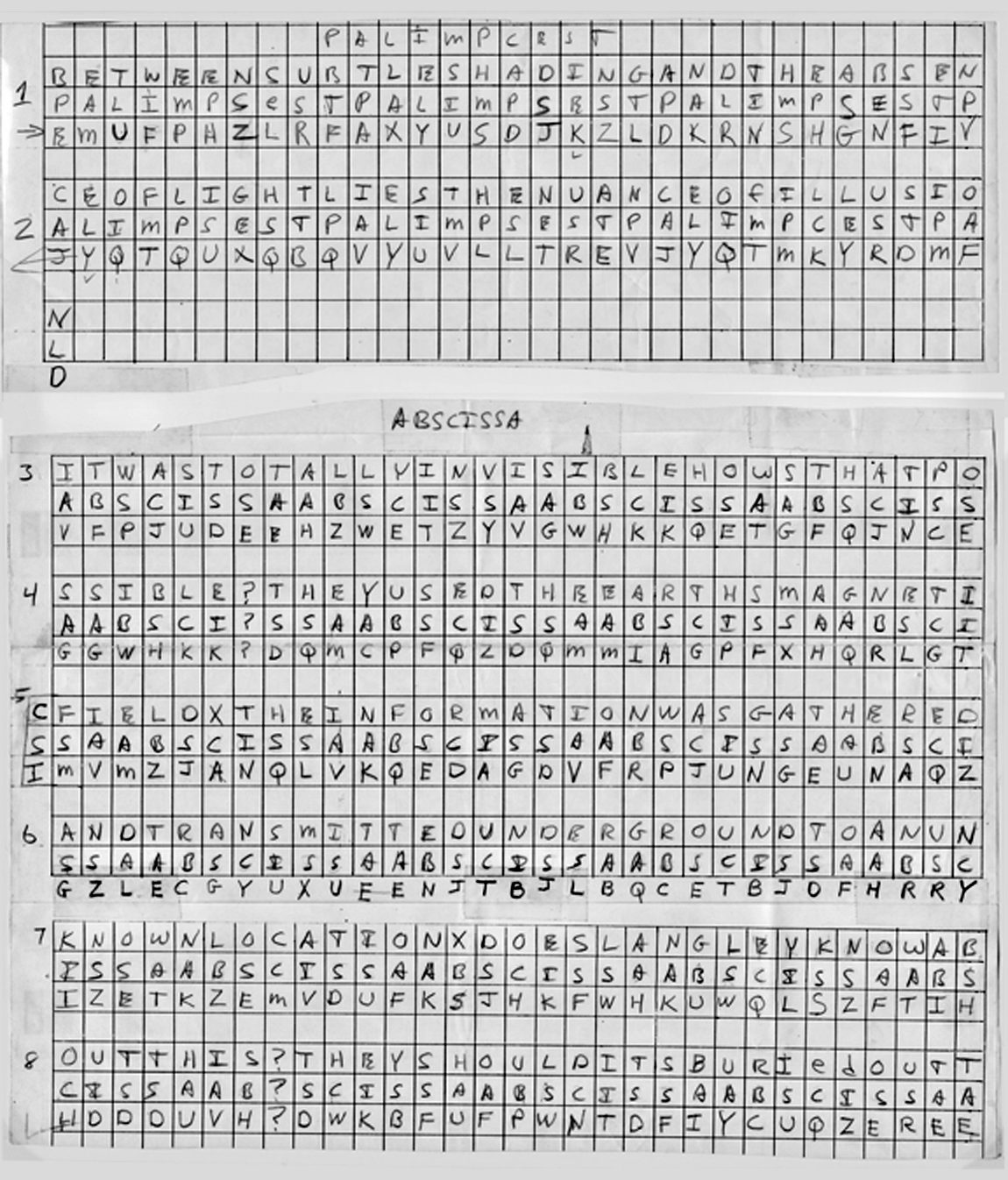 The full K1 and K2 encoding chart with the paper tone flattened so the pencil reads evenly: an upper piece holding rows 1 and 2 under the heading PALIMPCEST, and a lower piece holding rows 3 to 8 under the heading ABSCISSA. Each row is three lines of capital letters in a printed grid, with a blank line between rows.
