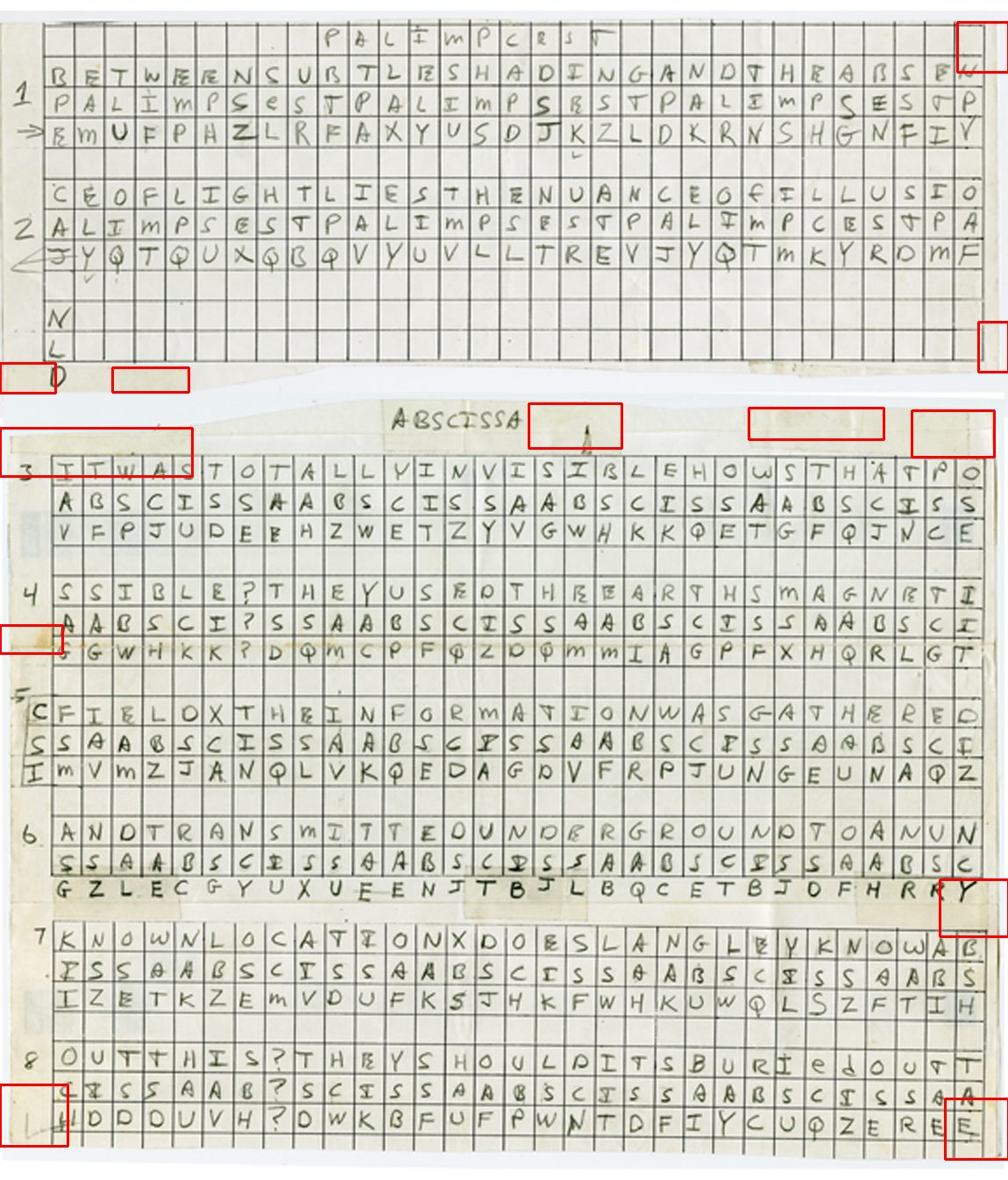 The chart with red rectangles drawn around the areas whose colour matches aged adhesive tape: several patches along the bottom edge of the upper piece and the top edge of the lower piece, a run along the left margin, and three separate patches in the band between rows 6 and 7.