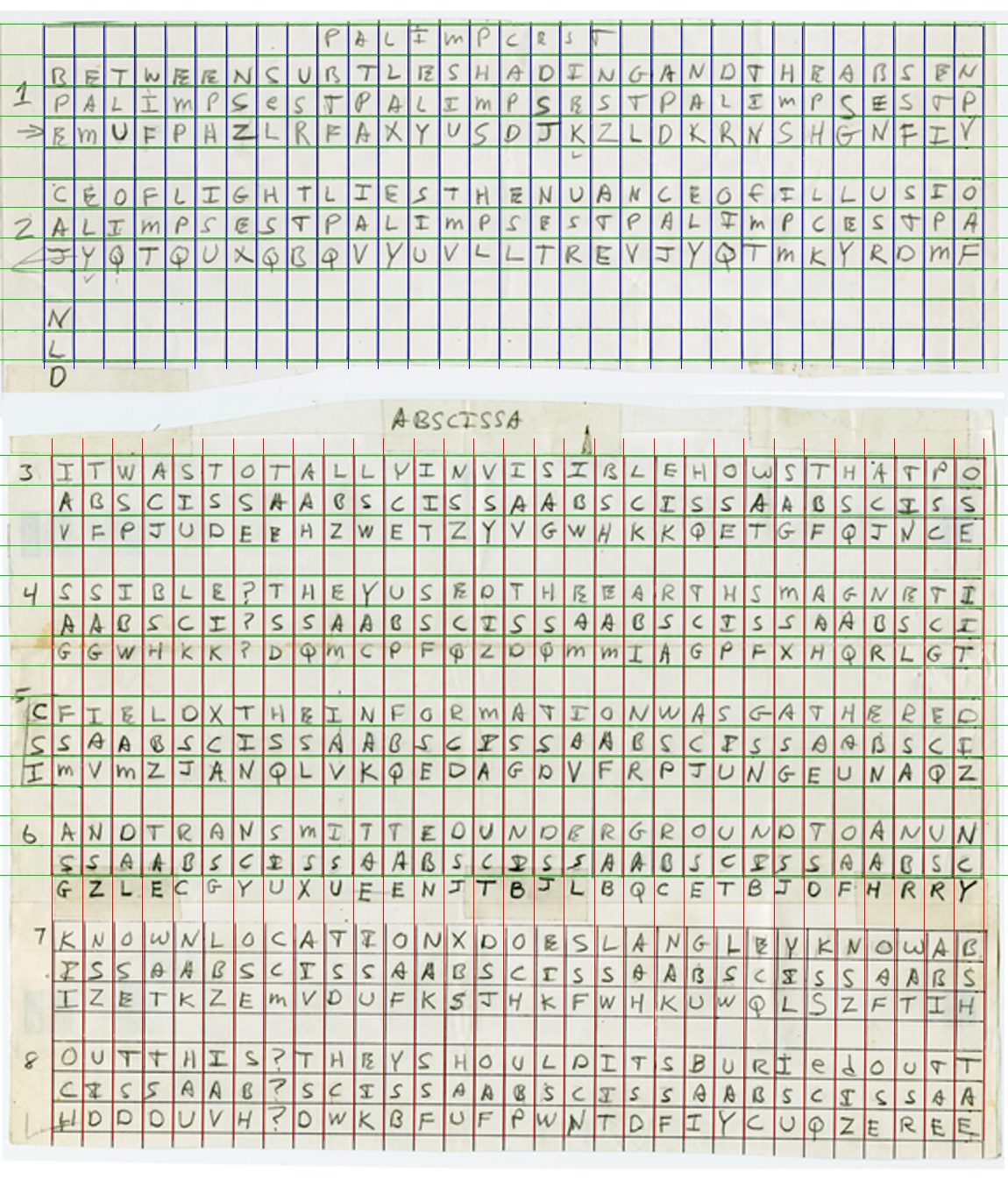 The chart with the detected printed grid drawn over it: thirty-two vertical lines in blue on the upper piece and red on the lower piece, with horizontal lines in green, showing 31 columns on both pieces.