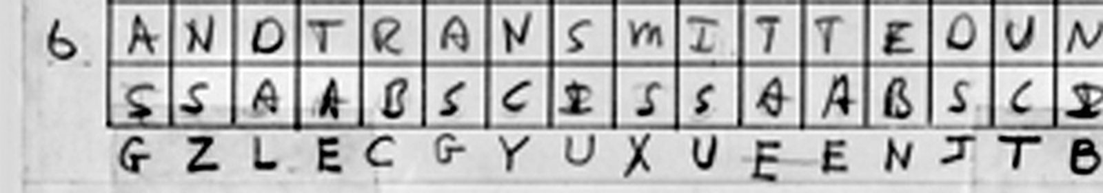 Close view of the left half of the row 6 cipher line: the letters G Z L E C G Y U X U E E N J T B written freehand on a band of paper with no printed grid, below a ruled row of keyword letters.