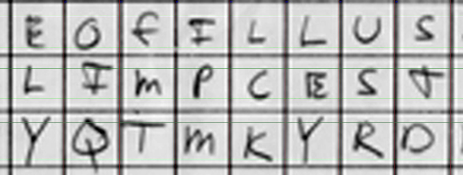 Enlarged cells from row 2 of the chart: the plain text reads E O F I L L U S, the keyword row beneath reads L I M P C E S T, and the cipher row reads Y Q T M K Y R D. The C of the keyword sits under the first L of ILLUSION.