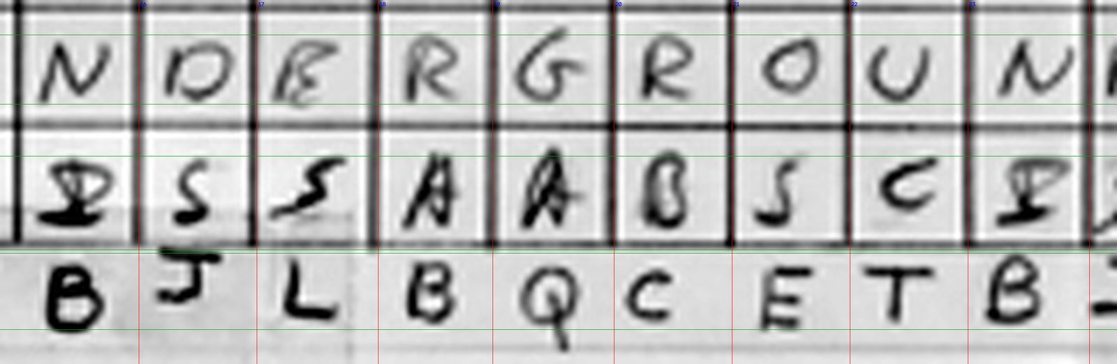 Enlarged cells from row 6 of the chart: the plain text reads N D E R G R O U N, the keyword row reads I S S A A B S C I, and the cipher line below the grid reads B J L B Q C E T B. The O of UNDERGROUND sits above the cipher letter E.